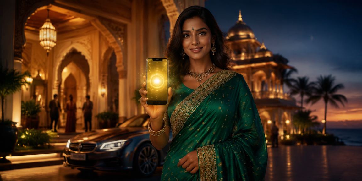 Playing online lottery on a mobile app in traditional Indian attire